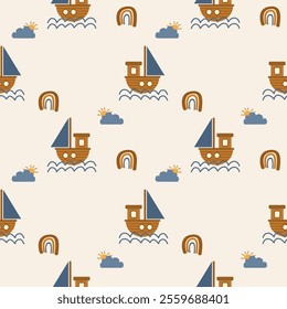 Sailboat cartoon so cute. On cloud sun rainbow background. Pattern seamless vector illustration. 
