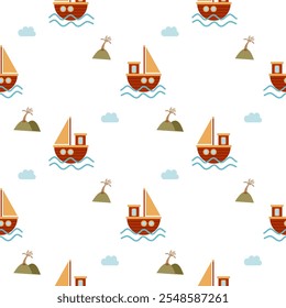 Sailboat cartoon so cute. On island cloud white background. Pattern seamless vector illustration. 