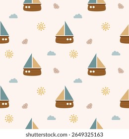 Sailboat cartoon so cute. On shell sun cloud background. Pattern seamless vector illustration. 