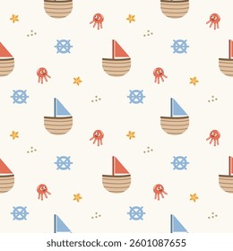 Sailboat cartoon so cute. On squid starfish background. Pattern seamless vector illustration. 