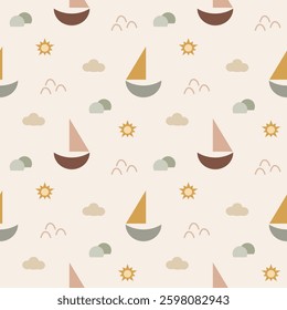 Sailboat cartoon so cute. On sun cloud mountain background. Pattern seamless vector illustration. 