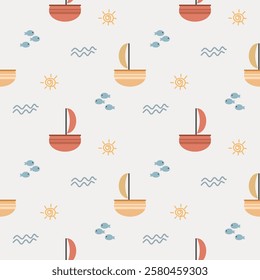 Sailboat cartoon so cute. On wave sun fish background. Pattern seamless vector illustration. 