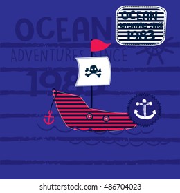 sailboat cartoon on striped background, T-shirt design for kids vector illustration