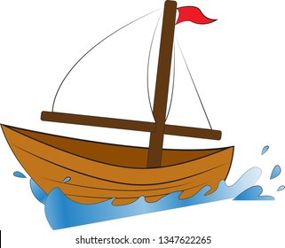 Sailboat, Cartoon, Ship, Isolated Object, Element for Design, Vector Illustration