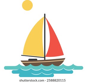 Sailboat changes position against waves and sun backdrop.