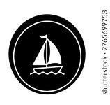 Sailboat in Circle Frame Vector Icon Illustration, Minimalist Black and White Marine Silhouette Design Element for Nautical Travel Branding Assets