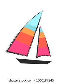 Sailboat closeup isolated colorful icon on white vector illustration in graphic design. Transportation mean for floating on water with sails