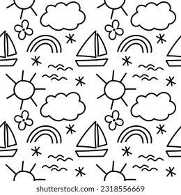 Sailboat, clouds, sun, rainbow, sea waves, flowers, decorative elements black and white seamless pattern for wallpapers, textiles, fabrics, wrapping paper