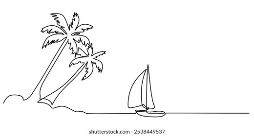 Sailboat and coconut palm tree depicted in continuous one line drawing. Vacation and travel concept with a hand-drawn beach view.