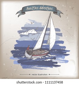 Sailboat color sketch. Maritime adveture series. Great for travel ads and brochures, sailing and tourist illustrations.