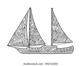 Sailboat coloring book for adults vector illustration. Anti-stress coloring for adult. Zentangle style. Black and white lines. Lace pattern
