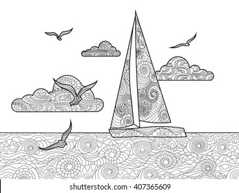 Sailboat coloring book for adults vector illustration. Anti-stress coloring for adult. Zentangle style. Black and white lines. Lace pattern