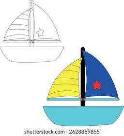 Sailboat coloring page with colored example illustration