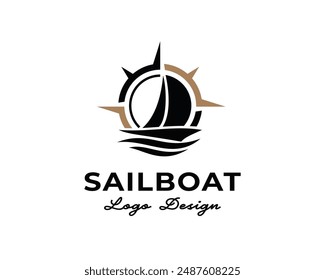Sailboat compass navigation map trendy silhouette transportation cruise logo design template illustration inspiration