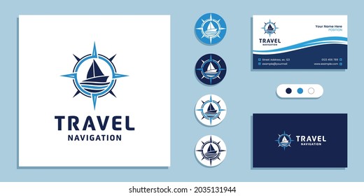 Sailboat with compass sign. Travel navigation logo and business card design template