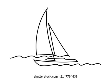 Sailboat in continuous line art drawing style. Sloop sailing boat minimalist black linear design isolated on white background. Vector illustration