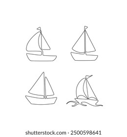 Sailboat continuous line drawing, ships, sailing boat silhouette, yacht in the sea single line on a white background, isolated vector illustration, tattoo, print and logo design.