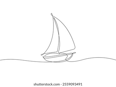 Sailboat Continuous Line Drawing, Vector Continuous Single Line Art Yacht Isolated on White Background. Sailboat Minimalism Hand Drawn Style. Minimalist Sketch Contour Art. Not AI	