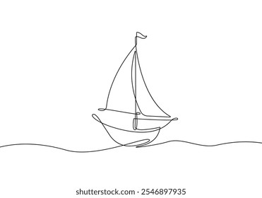 Sailboat Continuous One Line Drawing. Ship Line Art Sketch Black Drawing Isolated on White Background. Boat One Line Monochrome Vector Illustration. Not AI!