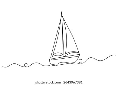 sailboat continuous one line drawing and outline vector illustration.