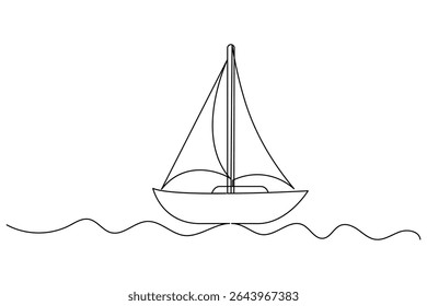 sailboat continuous one line drawing and outline vector illustration.