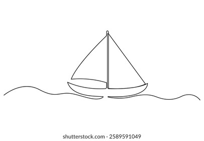 Sailboat continuous one line icon drawing on white background, Sea boat vector illustration in doodle style, one line drawing outline vector art illustration