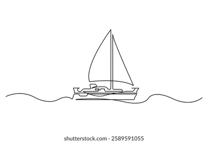 Sailboat continuous one line icon drawing on white background, Sea boat vector illustration in doodle style, one line drawing outline vector art illustration