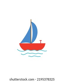 Sailboat. Cute boat with sails on a white isolated background.  water waves. Vector illustration 
