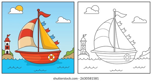 Sailboat cute and funny outline coloring page. Sailboat, transportation, vehicle, outline coloring book for kids.