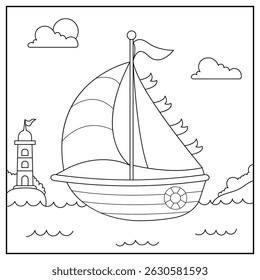 Sailboat cute and funny outline coloring page. Sailboat, transportation, vehicle, outline coloring book for kids.