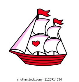 Sailboat. Cute pin, sticker, patch, badge, print. Cartoon vector illustration.