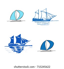 Sailboat. Detailed drawing. Vector set.
