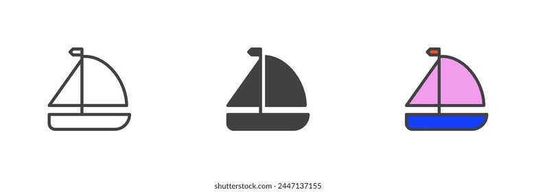 Sailboat different style icon set. Line, glyph and filled outline colorful version, outline and filled vector sign. Yachting trip symbol, logo illustration. Vector graphics