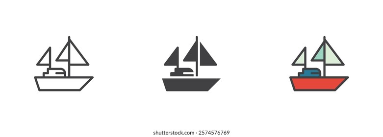 Sailboat different style icon set. Line, glyph and filled outline colorful version, outline and filled vector sign. Symbol, logo illustration. Vector graphics