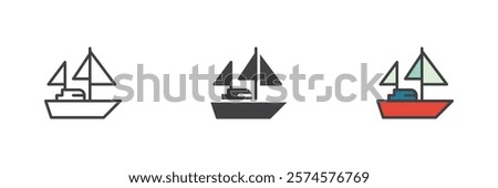 Sailboat different style icon set. Line, glyph and filled outline colorful version, outline and filled vector sign. Symbol, logo illustration. Vector graphics