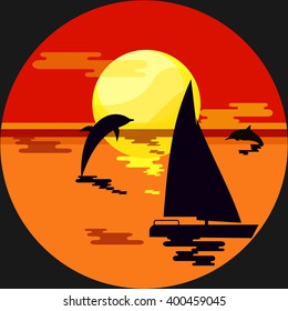 Sailboat and Dolphins Jumping at Sunset