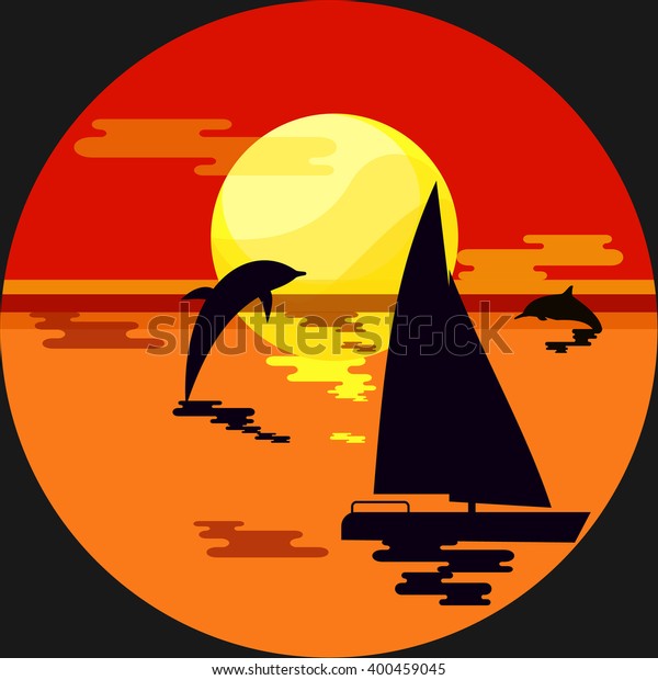 Sailboat and Dolphins\
Jumping at Sunset