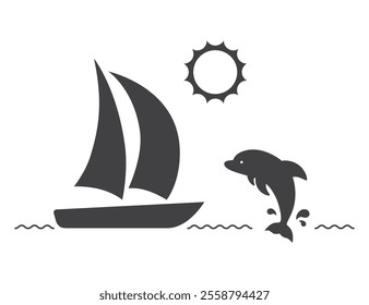 sailboat and dolpphin fish jumping in sea waves icon