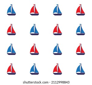 Sailboat Drawing Pattern In Red And Blue Color. Cute Background Design.