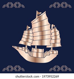 Sailboat. Feng shui postcard. The symbol of Chinese culture. Gold silhouette on a blue background.