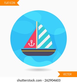 sailboat flat icon with long shadow on blue circle background , vector illustration , eps10