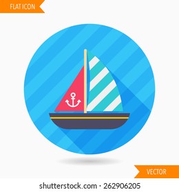 sailboat flat icon with long shadow on blue circle background , vector illustration , eps10