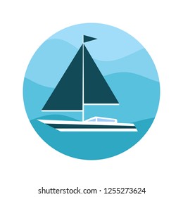 Sailboat floating on big waves. Sailboat in the sea. Flat design, vector.