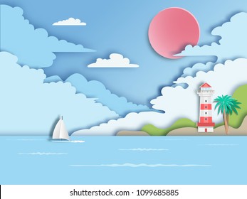 Sailboat floating on sea with lighthouse. paper art style.