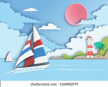 Sailboat floating on sea with lighthouse. paper art style.