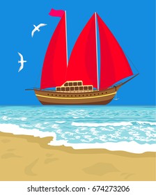 Sailboat floating on the sea with scarlet red sails beautiful view from the sandy beach wavy sea surf vector illustration.