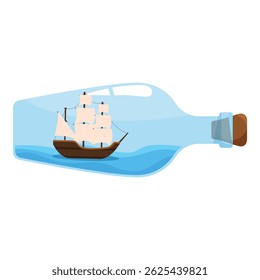 Sailboat is floating on water waves inside a glass bottle with a cork