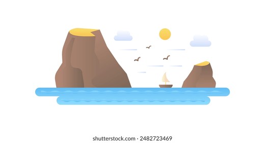 Sailboat floating on waves of sea between rocks, simple seascape vector illustration