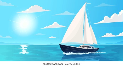 A sailboat glides across a calm sea under a sunny sky with scattered clouds, in a bright and clean graphic style on a blue background. Concept of peaceful travel. Vector illustration