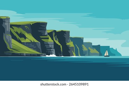 Sailboat glides by towering Irish cliffs